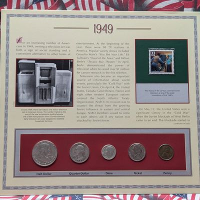 Sale Photo Thumbnail #431: 1949 Year U.S. Coin Set in Info Display w/ Commem Stamp - Includes (3) 90% Silver Coins