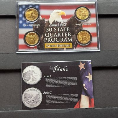 Sale Photo Thumbnail #135: Gold (LAYERED) P&D Mint 2007 Idaho Statehood & 2019 River of No Return ATB Park Quarter 4-Coin Collection in Protective Plastic Case w/ COA