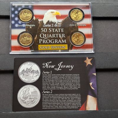 Sale Photo Thumbnail #196: Gold (LAYERED) P&D Mint 1999 New Jersey Statehood & 2017 Ellis Island ATB Park Quarter 4-Coin Collection in Protective Plastic Case w/ COA