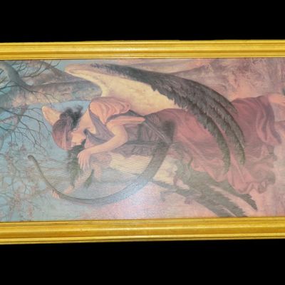 Sale Photo Thumbnail #403: 52" x 28 1/2" Artwork of an Angel Playing a Harp by Sims, Dated '96