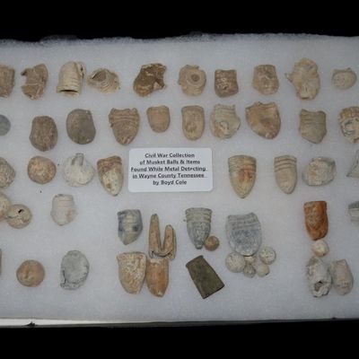 Sale Photo Thumbnail #258: 12" x 8" Riker Frame Containing Civil War Musket Balls & Various Items, Found While Metal Detecting in Wayne Co. TN by Boyd Cole