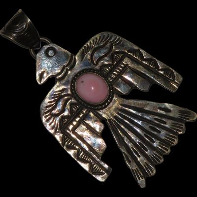 Sale Photo Thumbnail #349: 3" x 1 7/8" Native American Silvertone and Pink Conch Eagle Pendant