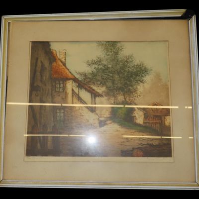 Sale Photo Thumbnail #394: 19" x 17" Village Artwork by D. Fontaine, Frame Needs Repair