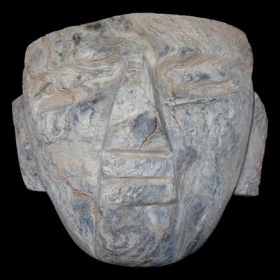 Sale Photo Thumbnail #247: 5 5/8" x 6 1/2" Pre-Columbian Mesoamerican Death Mask, Light-Colored Grey and Tan Swirled Stone, Found East of Sinaloa, Mexico