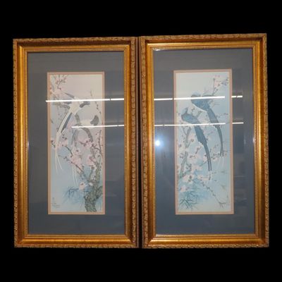 Sale Photo Thumbnail #402: Set of 2 27" x 16" Framed Asian Bird Artworks by H.C. Lee