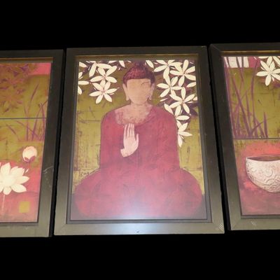 Sale Photo Thumbnail #409: Lot of 3 Matching 36 1/2" x 17" Framed Floral Asian Artworks