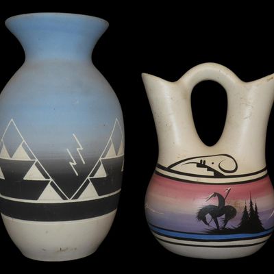 Sale Photo Thumbnail #379: Lot of 2 Native American Pottery Vases, Including 1 Wedding Vase, Signed on Bottom
