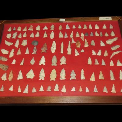 Sale Photo Thumbnail #123: 12" x 18" Frame of Bird Points, All Found on the Same Site, Hancock Co., Illinois, Information on Back of Frame