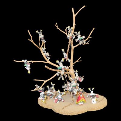 Sale Photo Thumbnail #367: Zuni Pueblo Nacimiento (Nativity) diorama showcasing intricately detailed miniature beaded figures arranged around a dried tree branch, Measures approx. 16" Tall and 12" Wide