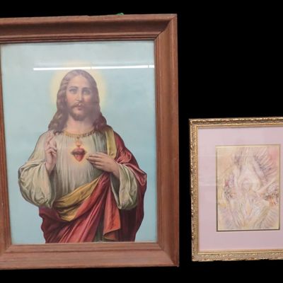 Sale Photo Thumbnail #405: Lot of 2 Religious Artworks, 1 Depicting Jesus Christ and 1 Depicting an Angel, Largest 19" x 15"