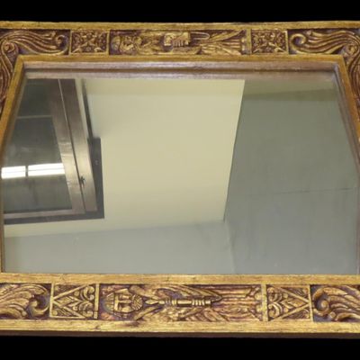 Sale Photo Thumbnail #390: 30" x 21 1/4" Asian Wooden Mirror with Gold-Tone Painted Patina
