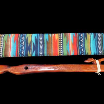 Sale Photo Thumbnail #391: 26 1/4" Wooden Effigy Flute with Detailed Carvings and Soft Felt Case