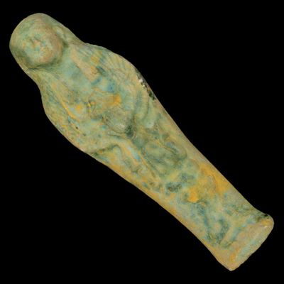 Sale Photo Thumbnail #334: 7" Egyptian Faience Ushabti with Flying Scarab on Chest, New Kingdom, 1550-1069 BC