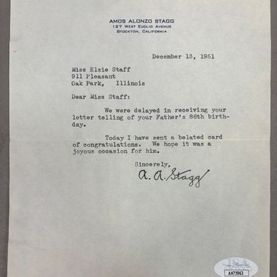 A.A. Stagg Original Signed Letter & Envelope JSA