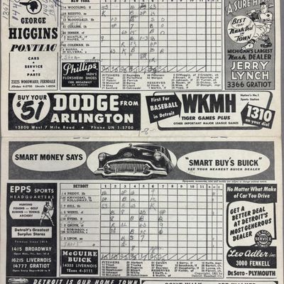 1951 Tigers vs Yankees Briggs Scorecard w/ MANTLE