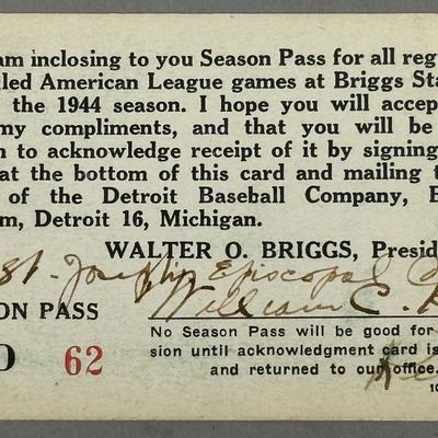 1944 Detroit Tigers Walter O Briggs Season Pass