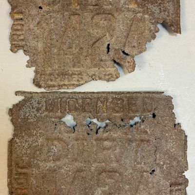 Antique Pair Licensed Dirt Hauler Metal Plate Sign