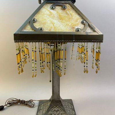 Antique Slag Glass Table Lamp Paneled Shades