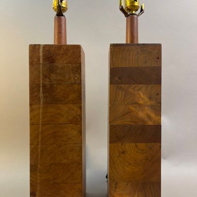 Pair of Vintage Square Wooden Art Deco Desk Lamps