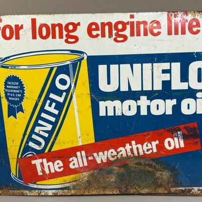 Uniflo Motor Oil Double Sided Metal Gas Station Ad
