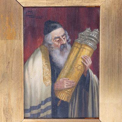 OIL ON BOARD. Danzig, c. 1880. Chassidic man holding torah. Signed F Lettau, And Danzig. 5.8" x 4"