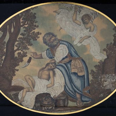 THE BINDING OF ISAAC. Hand sewn tapestry. c. 1800