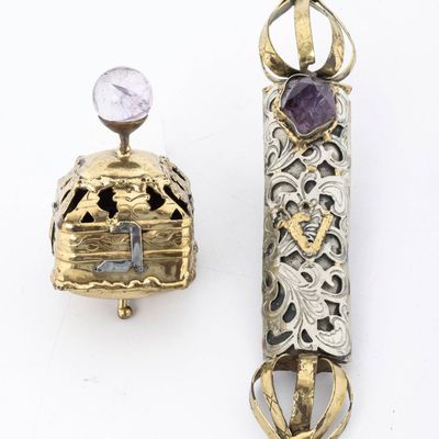 A HANDCRAFTED MEZUZAH AND DREIDEL. Probably Israel, c. 1990.