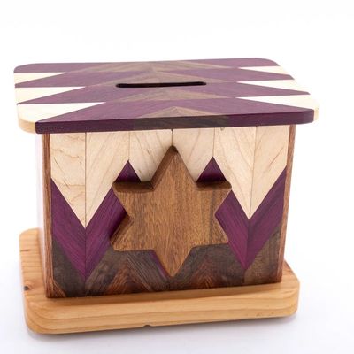 AN INLAID WOOD CHARITY CONTAINER. American, modern
