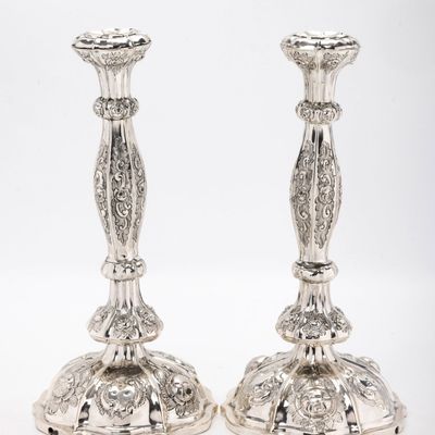 A PAIR OF FANCY SILVER RUSSIAN CANDLESTICKS. 1857