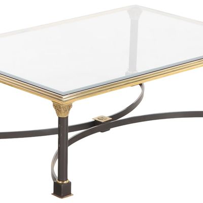 Sale Photo Thumbnail #153: A LARGE TWO TONE BRASS AND GLASS COFFEE TABLE WITH SHAPED STRETCHER C 1965.