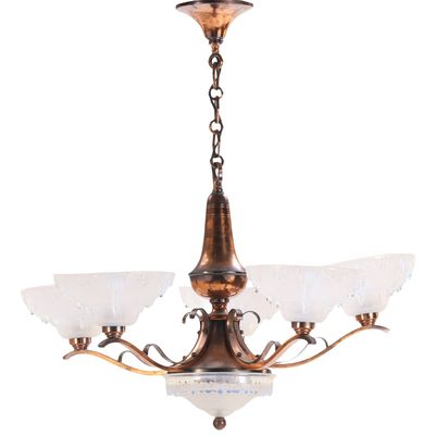 FRENCH ART DECO FIVE LIGHT CHANDELIER HAVING BLUE GLASS SHADES C 1940.