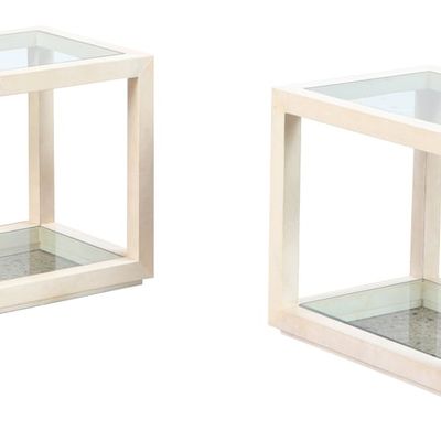 PAIR RECTILINEAR PARCHMENT COVERED AND GLASS TWO TIER END TABLES C 1975.