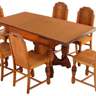 Sale Photo Thumbnail #339: EASTLAKE STYLE ENAMELED IRON AND WOOD BREAKFAST TABLE HAVING TWO LEAVES AND SIX MATCHING CHAIRS,