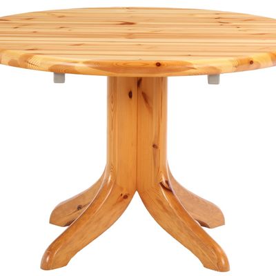 Sale Photo Thumbnail #295: A BRUTALIST STYLE PINE PEDESTAL TABLE C 1975 HAVING TWO ORIGINAL LEAVES.