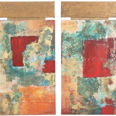 PAIR OF CONTEMPORARY ABSTRACT PAINTINGS, SINGED JIM SEALE, LABEL ON REVERSE.
