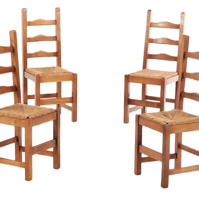 Sale Photo Thumbnail #296: SIX FRENCH OAK AND RUSH DINING CHAIRS C 1950.