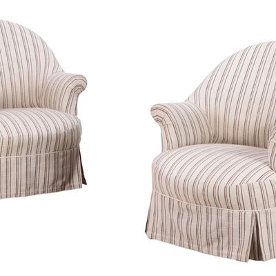 Sale Photo Thumbnail #224: A PAIR OF FRENCH NAPOLEON III STYLE LIBRARY CHAIRS HAVING STRIPED UPHOLSTERY AND IRON LEGS C 1940.