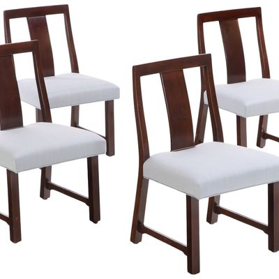 Sale Photo Thumbnail #130: FOUR WOOD SIDE CHAIRS WITH BLUE UPHOLSTERED SEATS.