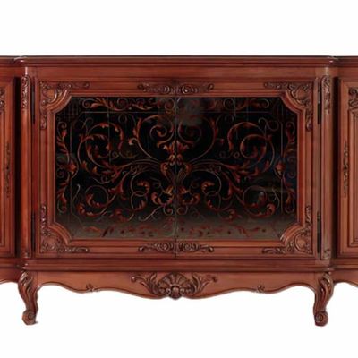 Sale Photo Thumbnail #220: A FRENCH WALNUT SIDEBOARD WITH EGLOMISE MIRRORED DOORS AND PARQUET TOP CIRCA 1950.