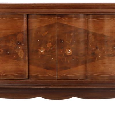 FRENCH ROSEWOOD AND INLAID SIDEBOARD IN THE MANNER OF JULES LELEU C 1950 HAVING SHAPED DOOR PANELS