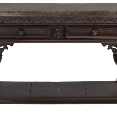 Sale Photo Thumbnail #232: EARLY NINETEENTH CENTURY CARVED OAK MARBLE TOP SERVER HAVING TWO DRAWERS AND LION MASK