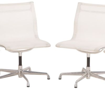 Sale Photo Thumbnail #129: HERMAN MILLER EAMES SWIVEL CHAIRS. FOUR POLISHED ALUMINUM, ENAMELED STEEL, MESH UPHOLSTERY. DATED