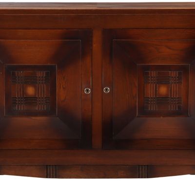 Sale Photo Thumbnail #288: FRENCH OAK SERVER HAVING TWO DOORS WITH GEOMETRIC MOTIFS C 1940 IN THE MANNER OF CHARLES DUDOUYT.