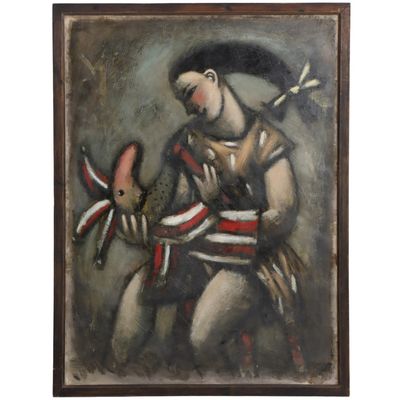 PHILIP DAVIES (BRITISH B. 1953) "THE AGE OF FABLE" OIL ON BOARD, SIGNED P.D. '87, LABEL ON REVERSE
