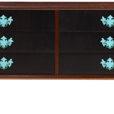 Sale Photo Thumbnail #131: A MACASSAR MID CENTURY MODERN SIX DRAWER DRESSER HAVING CUSTOM HARDWARE BY DOUG MEYER.