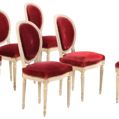 Sale Photo Thumbnail #190: SIX FRENCH PAINTED LOUIS XVI STYLE DINING CHAIRS WITH OVAL BACKS C 1950.