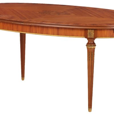 Sale Photo Thumbnail #240: FRENCH KINGWOOD AND FLORAL INLAID OVAL DINING ROOM TABLE HAVING BRONZE MOUNTS AND TWO ORIGINAL