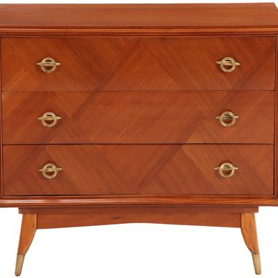 Sale Photo Thumbnail #107: THREE DRAWER DRESSER HAVING CRISS CROSS PATTERN VENEER AND BRONZE RING FORM HANDLES C 1955.