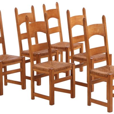 Sale Photo Thumbnail #309: SIX FRENCH OAK AND RUSH SEAT DINING CHAIRS C 1950.