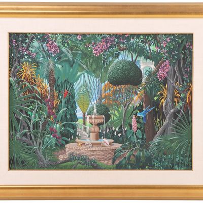 JOHN KIRALY (AMERICAN B.1943) ACRYLIC ON CANVAS, TROPICAL SCENE WITH FOUNTAIN, SIGNED B/R C 1990